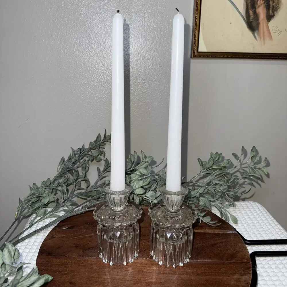 Vtg Cut Glass Reversible Candle Holders Pair Art Deco Style Crystal Look 4.5”